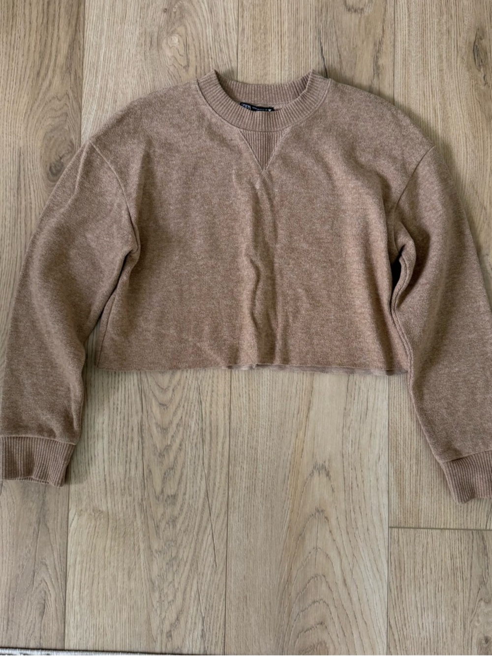 Zara Cropped Crewneck Sweater - Taupe Brown